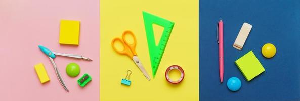 Various stationery for the school on a multicolored background. Back to school photo