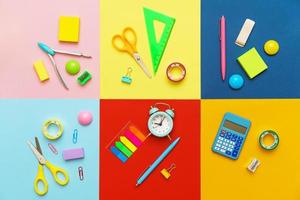 Various stationery for the school on a multicolored background. Back to school photo