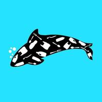 Silhouette of a sperm whale contaminated with plastic waste. Ecological disaster of plastic waste in the sea. Garbage bottles, spoons, forks, plastic, are in the whale's stomach. Vector illustration