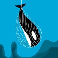 Vector illustration of a whale caught in a fishing net. Don't catch whales with nets. Blue sea background.