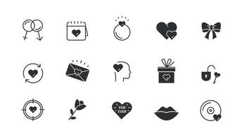 Love icon set.  Valentines day icons like a Romantic Letter, Happy Couple, Gift, Flowers, Ring. Vector illustration on white background