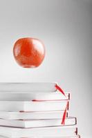 A red Apple hangs above the books on a white background. photo