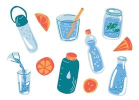 Water bottles, jars and glasses collection. Reusable liquid containers for active lifestyle. Stay hydrated concept. Hand drawn vector illustration