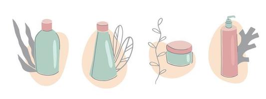 Collection of skincare products with floral elements. Set of different tubes and bottles with cleansers, lotions, moisturizers, serums. Flat vector illustration