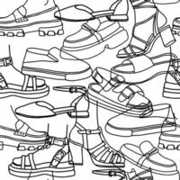 Modern feminine footwear line art seamless pattern. Sketch background with shoes and sandals for spring and summer. Hand drawn vector illustration