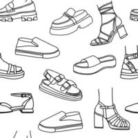 Modern feminine footwear line art seamless pattern. Sketch background with shoes and sandals for spring and summer. Hand drawn vector illustration