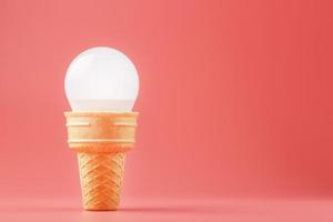 Light bulb ice cream in a waffle Cup on a pink background. photo