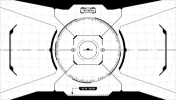 Pantalla ciberpunk de interfaz futurista digital vr hud. objetivo de círculo de visualización frontal de tecnología virtual de ciencia ficción. panel de tablero de la cabina de la nave espacial en blanco y negro gui ui. fui visor visor vector eps
