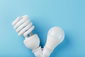 LED light bulb and energy saving in a double base on a blue background. photo