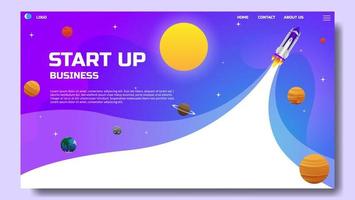 landing page template of startup business. startup background with rocket, planets, sun and universe. vector illustration