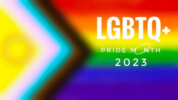 Blurred image of lgbtq rainbow flag with texts Pride Month 2023, concept for calling all people to support and respect LGBTQ plus genders diversity and celebrations in pride month all over the world. photo