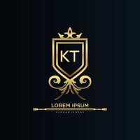 KT Letter Initial with Royal Template.elegant with crown logo vector, Creative Lettering Logo Vector Illustration.