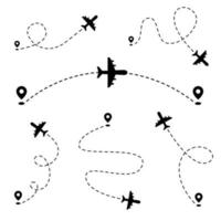 Airplane paths. Air route from one point to another. Plane dashed tracing line. Vector stock illustration.