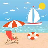 Summer illustration with sailing yacht, palm tree, sunbed, umbrella and lifebuoy on the beach. Summer beach illustration. Vector stock illustration.