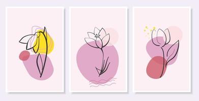 Abstract set of decorative background posters with flowers and leaves and geometric shapes. Hand drawn leaves and flowers for print, cover, wallpaper, minimal and natural wall art in boho style. vector