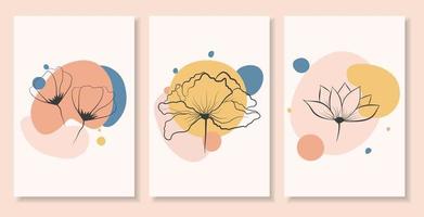 Abstract set of decorative background posters with flowers and leaves and geometric shapes. Hand drawn leaves and flowers for print, cover, wallpaper, minimal and natural wall art in boho style. vector