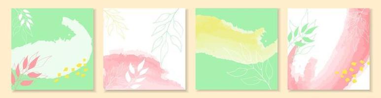 Spring green square backgrounds. Minimalistic banners with floral elements. Vector stock illustration.