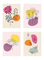 Abstract set of decorative background posters with flowers and leaves and geometric shapes. Hand drawn leaves and flowers for print, cover, wallpaper, minimal and natural wall art in boho style.