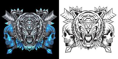 roaring tiger with skull illustration vector