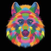 colorful wolf's head on a black background in pop art style. vector