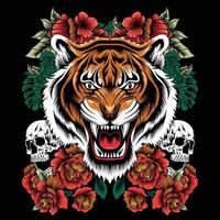 colorful floral pattern with roses, tiger and skull. Vector traditional folk fashion ornament on black background.