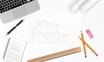 Workplace - Construction project architect house plan with tools, laptop and notebook. Construction background. Vector Illustration