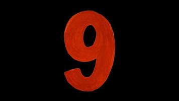 Red number nine drawn gouache. Isolated on a black background. Figure hand drawn by paint photo