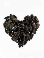 Sunflower seeds arranged in a heart shape on a white background photo