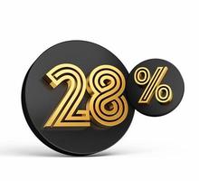 Royal Gold Modern Font. Elite 3D Digit Letter 28 Twenty Eight percent on Black 3d button icon 3d Illustration photo