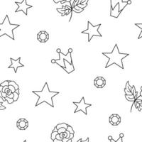 Vector black and white seamless pattern with rose, stars, crowns, gems. Simple outline fairy tale princess repeat background. Girlish cartoon magic texture with fantasy objects