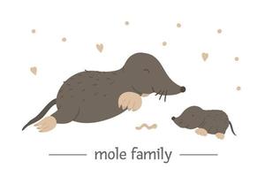 Vector hand drawn flat baby mole with parent. Funny woodland animal scene showing family love. Cute forest animalistic illustration for children design, print, stationery