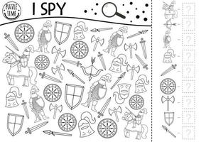 Black and white fairytale fantasy I spy game for kids with knight armor. Searching and counting activity with helmet, horse, sward. Magic kingdom printable worksheet. Simple fairy tale puzzle vector