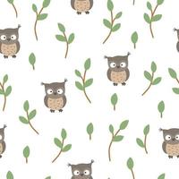 Vector seamless pattern of hand drawn flat funny baby owl with stylized tree twigs. Forest themed repeating background for children design. Cute animalistic backdrop