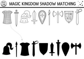 Fairytale black and white shadow matching activity with sward, shield, helmet. Magic kingdom puzzle with knight armor. Find correct silhouette printable worksheet. Fairy tale coloring page for kids vector