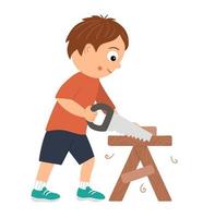 Vector working boy. Flat funny kid character sawing wood with a saw on work bench. Craft lesson illustration. Concept of a child learning how to work with tools. Picture for workshop