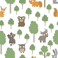 Vector seamless pattern of hand drawn flat funny baby animals with trees. Forest themed repeating background for children design. Cute animalistic backdrop with little deer, bear, squirrel, owl