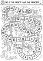 Fairytale lack and white dice coloring board game with castle. Magic kingdom line boardgame.  Fairy tale activity, printable worksheet for kids. Help the prince save the princess vector