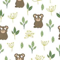 Vector seamless pattern of hand drawn flat funny baby bear with stylized leaves and dill. Forest themed repeating background for children design. Cute animalistic backdrop