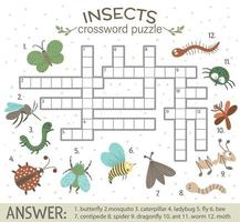 Vector crossword puzzle with forest insects. Bright and colorful quiz for children. Educational activity with ant, caterpillar, butterfly, dragonfly, Warm, Bee.