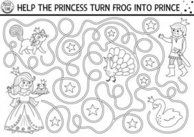 laberinto de cuento de hadas en blanco y negro para niños con personajes de fantasía. Actividad imprimible preescolar Magic Kingdom Line. juego de laberinto de cuento de hadas o rompecabezas. página para colorear con princesa, príncipe rana vector