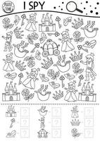 Black and white fairytale fantasy I spy game for kids. Searching, counting activity with castle, princess, prince. Magic kingdom printable worksheet or coloring page. Simple fairy tale puzzle vector