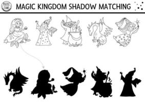 Fairytale black and white shadow matching activity with mermaid, dragon, fairy. Magic kingdom puzzle. Find correct silhouette printable worksheet or game. Fairy tale coloring page for kids vector