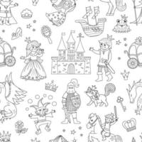 Black and white seamless pattern with fairy tale characters and objects. Outline repeat background with fantasy princess, king, queen, witch, knight, unicorn, dragon. Magic castle digital paper vector