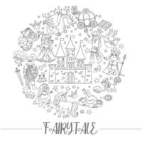 Vector black and white round frame with fairy tale characters, objects. Fairytale line card template design for banners, invitations with princess and prince. Cute fantasy coloring page