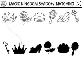 Fairytale black and white shadow matching activity with crown, mirror, shoe. Magic kingdom puzzle. Find correct silhouette printable worksheet or game. Fairy tale coloring page for kids vector