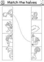 Black and white fairytale connect the halves worksheet.  Matching game for preschool children with fantasy creatures. Match heads and tails activity or coloring page with dragon, unicorn. vector