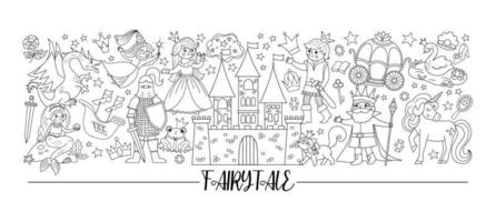 Vector black and white horizontal border set with cute fairy tale characters and objects. Line fairytale card template design with princess and prince. Cute fantasy castle or kingdom border