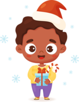 schattig zwart etnisch jongen in de kerstman hoed met geschenk png