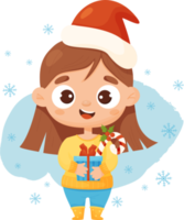 Cute girl in santa hat with New Years gift and caramel stick png