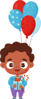 Cute black ethnic boy with gift and balloons png